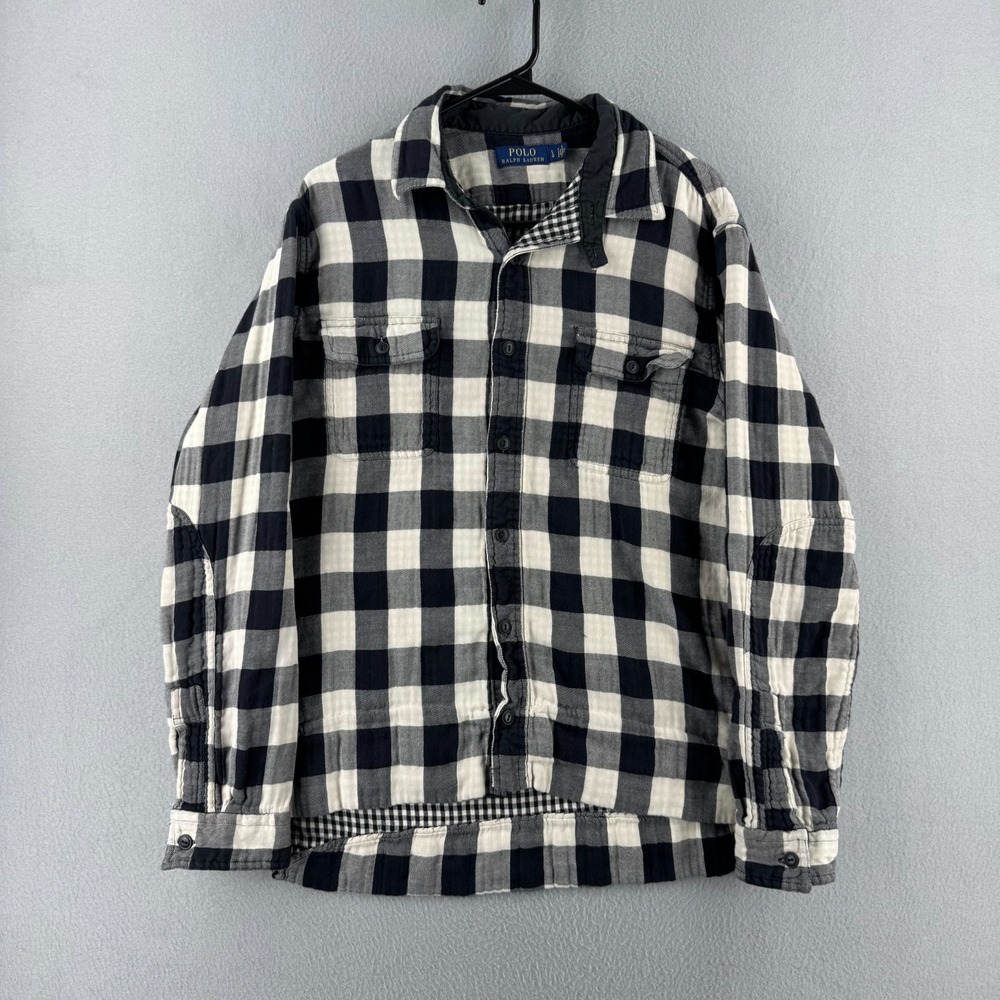 Polo Ralph Lauren Shirt Mens Large Black Plaid Flannel Cotton Button Up ALTERED